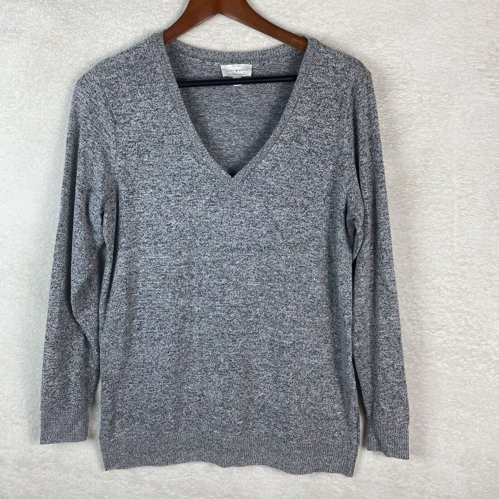 Womens Lucky Brand V-Neck‎ Pullover Sweater Tunic Size Small Gray Long Sleeve